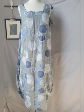 Lands Downunder Polka Dot Linen Dress Blue Gray XL